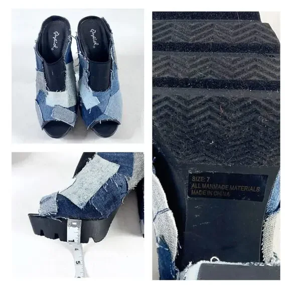 Retro Qupid Patchwork Denim Peep Toe Chunky Slip On Block Heel Mules Sz 7 - Picture 5 of 11